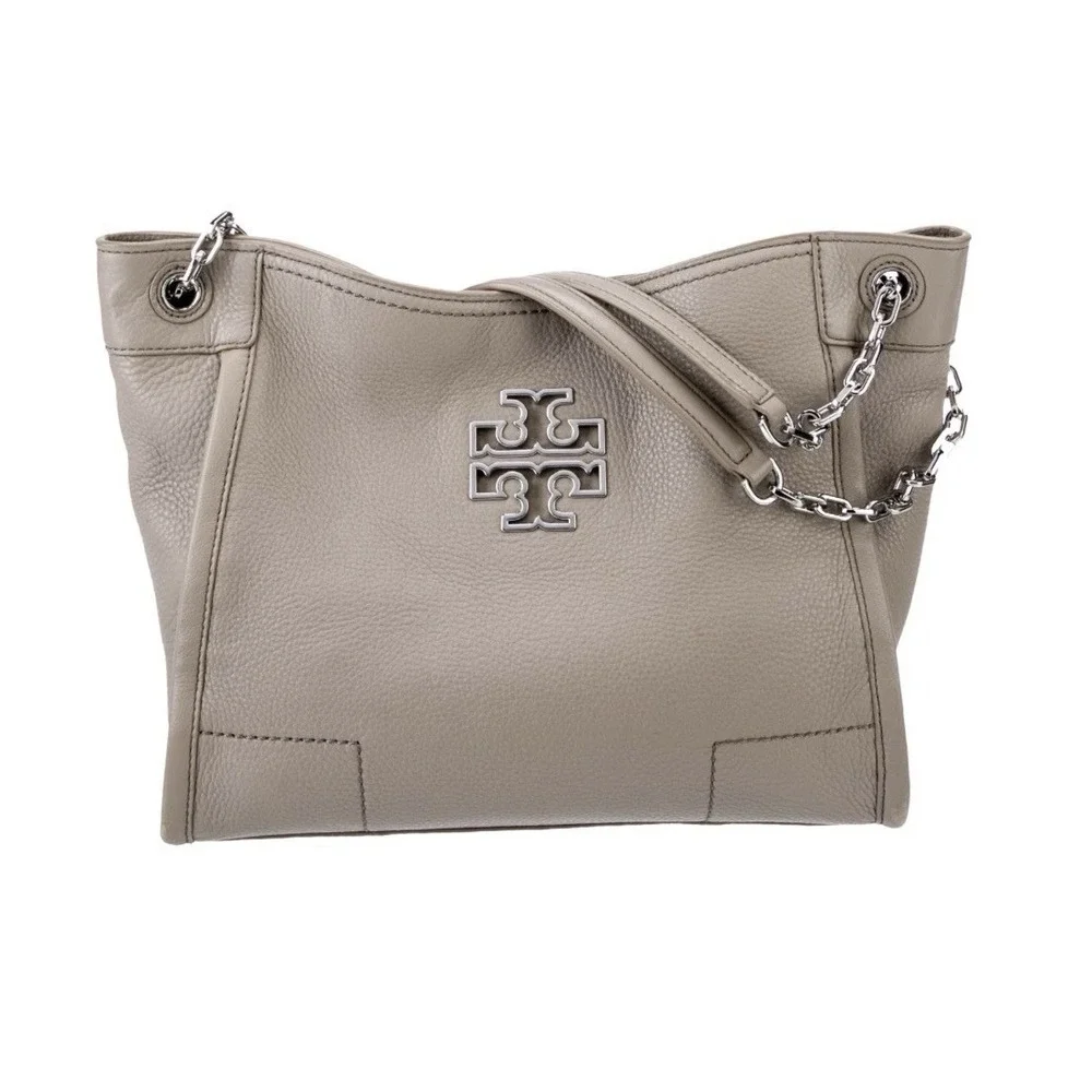 Tory Burch Britten French Grey Shoulder Bag‎ Pebbled Leather Chain Slouchy Tote
